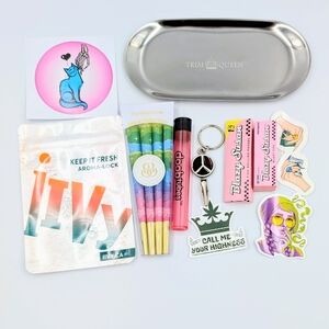 Colorful Canna Accessory Set Silver Rolling Tray Storage Stickers
